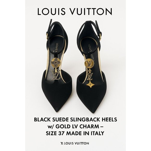 Vintage Louis Vuitton Black Suede T-Strap Gold Monogram Charm Shoes Pumps IT 37 - Picture 1 of 12